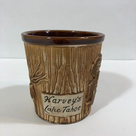 Vintage Otagiri Tiki Bucket Mug Harvey's Lake Tahoe Sculpted Textured Brown - Picture 2 of 8